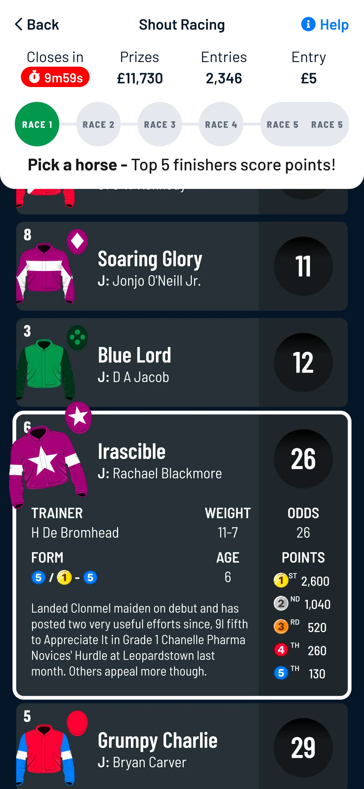 Horse selector with expanded info
